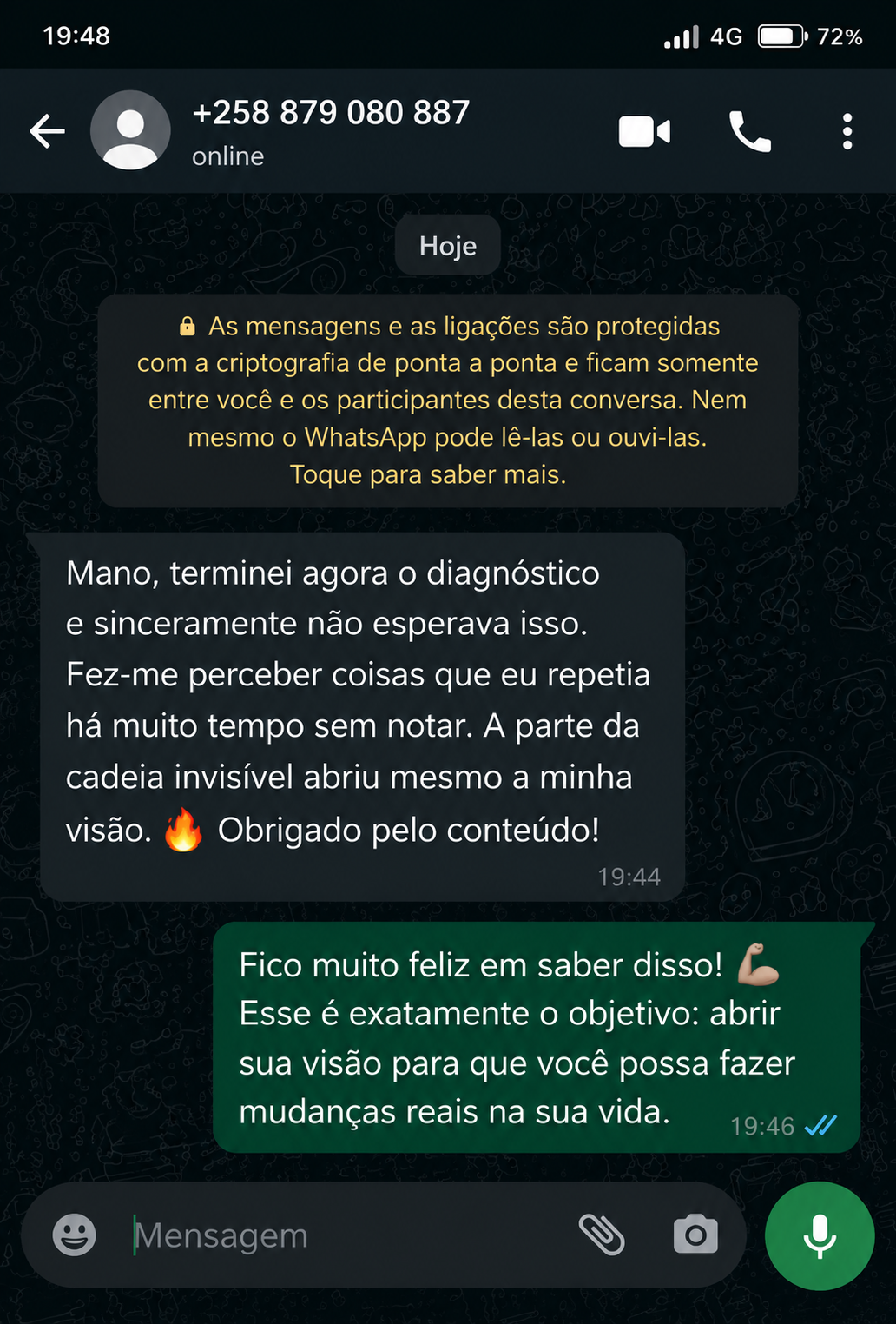 Cliente de Moçambique a relatar o que percebeu com o diagnóstico
