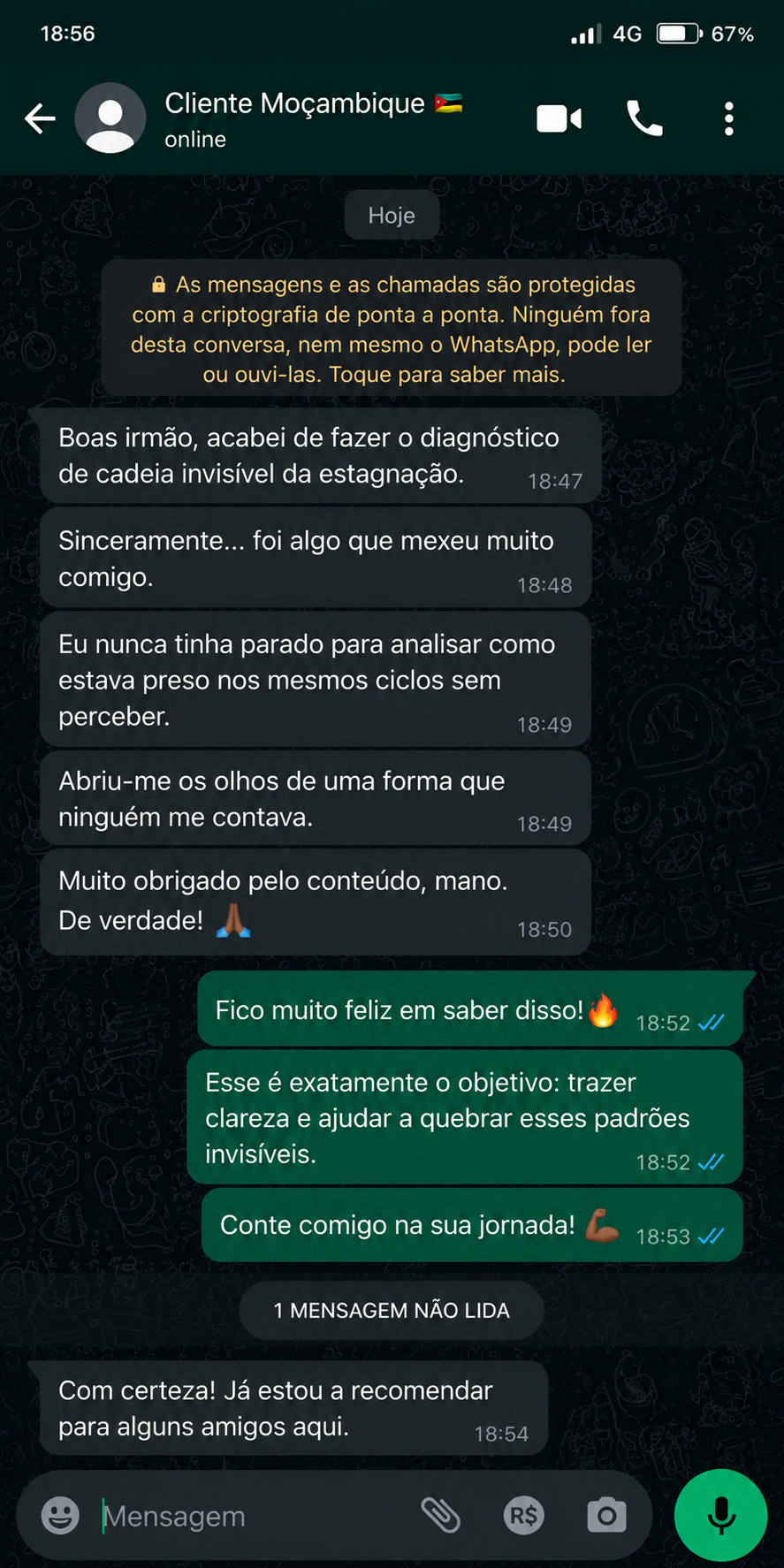Cliente a contar que passou a recomendar o diagnóstico