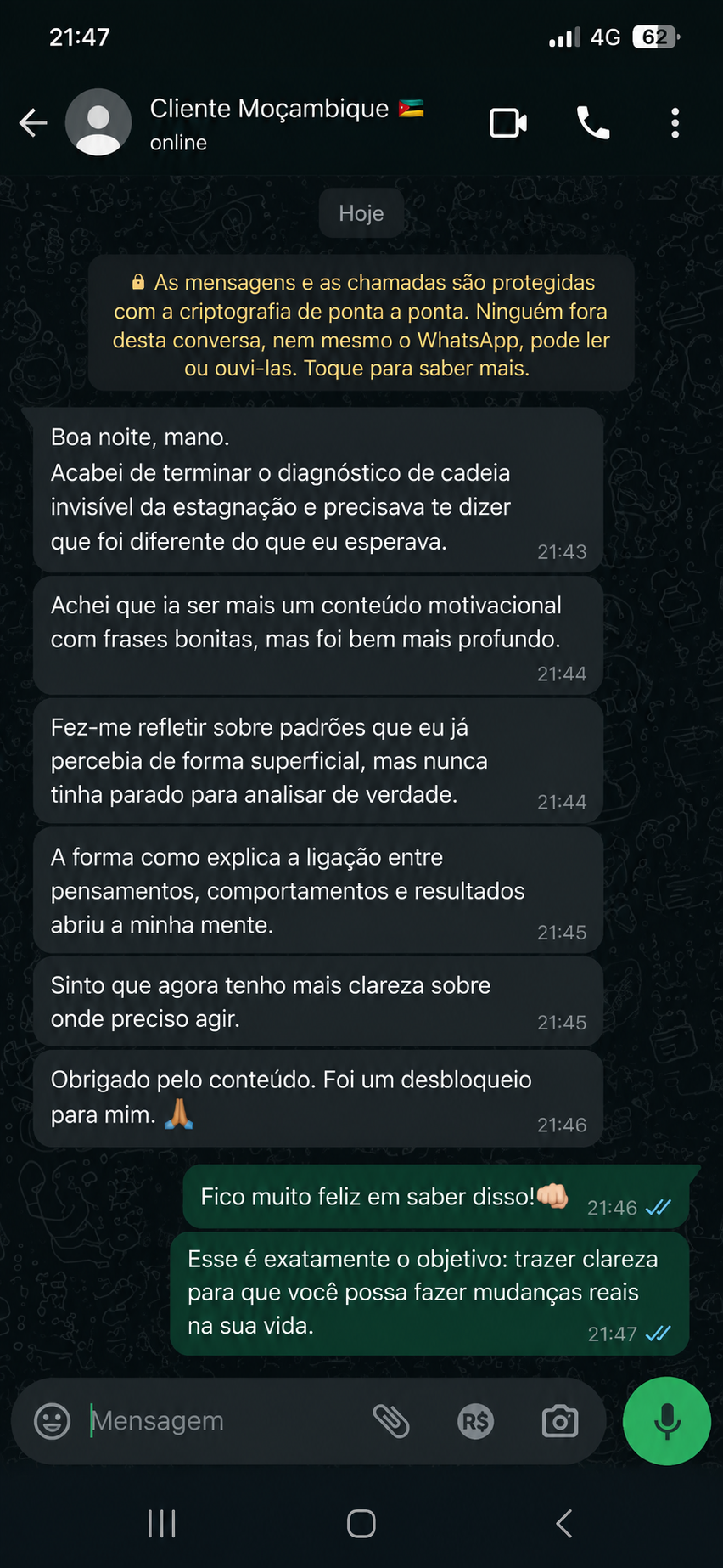 Cliente a descrever a reflexão sobre padrões repetidos